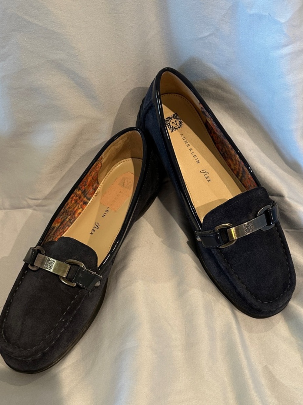 Anne Klein iflex Navy Suede Loafers with Metal Accent